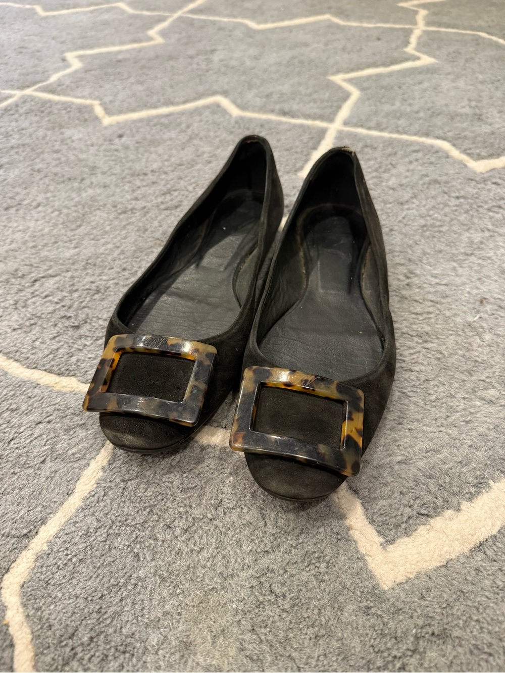 Roger Vivier Black Suede Ballet Flats with Tortoiseshell Buckle